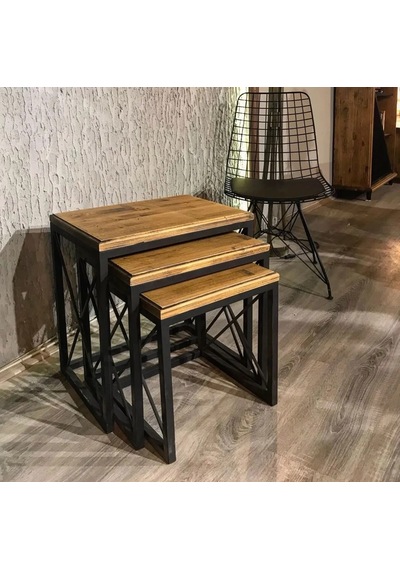 Deko 3'lü Zigon Sehpa Metal Ayaklı Doğal Ladin Ağacı