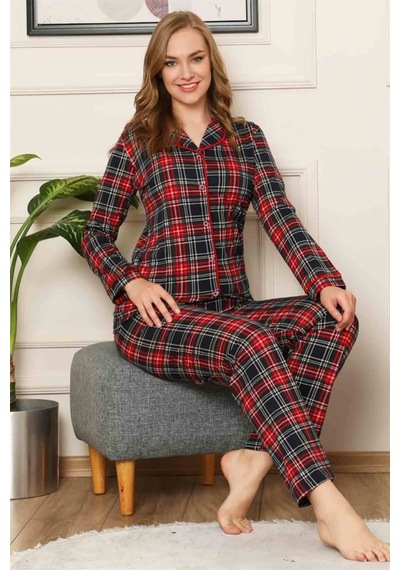 Farya Home Dreamy Ekoseli Pamuklu Biyeli Uzun Kollu Gömlek Pijama Takımı Siyah Kırmızı Siyah - Bordo