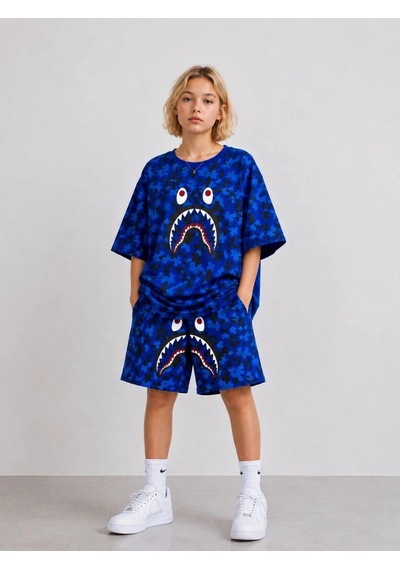 Wear Vexel Kız Çocuk Oversize Kalıp Pubg Bape X Shark Nakışlı Cepli Şort Takım - Mavi Çok Renkli