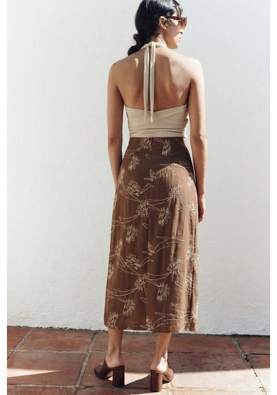 Sateen Nakış Detaylı Uzun Etek - Kahve-137328