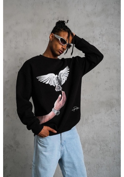 Erkek Güvercin Baskılı 3 İplik Bisiklet Yaka İpamuklu Sweatshirt - Siyah