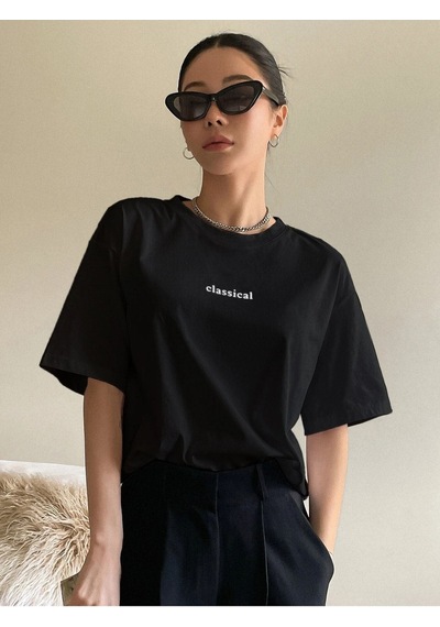 Kadın Siyah Oversize Classical Baskılı Örme T-shirt Siyah