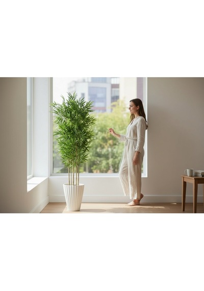 Yapay Bambu Ağaç 150 Cm 6 Dallı Yogun Yaprak Lilyum Beyaz Saksı Yeşil