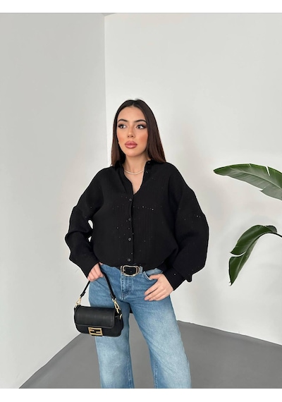 Hopıan Kadın Siyah Taş Baskılı Keten / Dokulu Oversize Gömlek