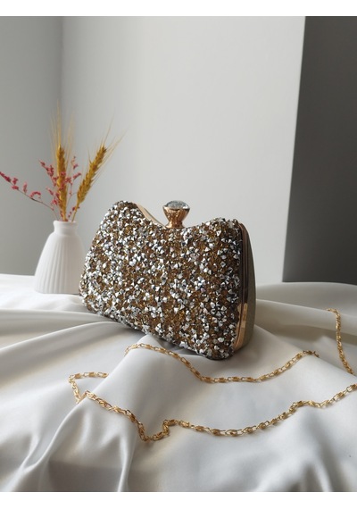 Vivazzaluxe Kristal Taşlı Kadın Abiye, Clutch Çanta Altın