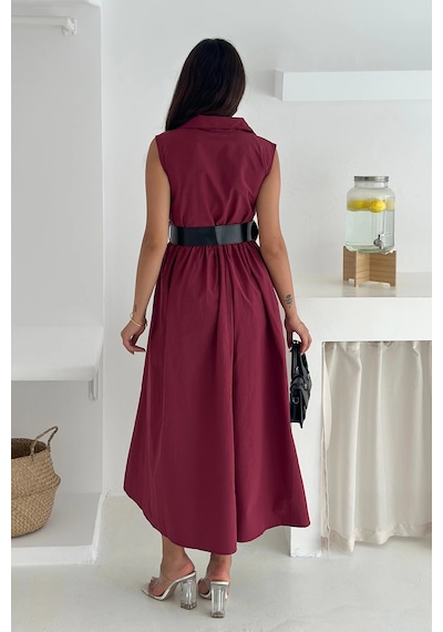 Asprin Fashion Paraşüt Kumaş Kemerli Elbise Bordo Bordo