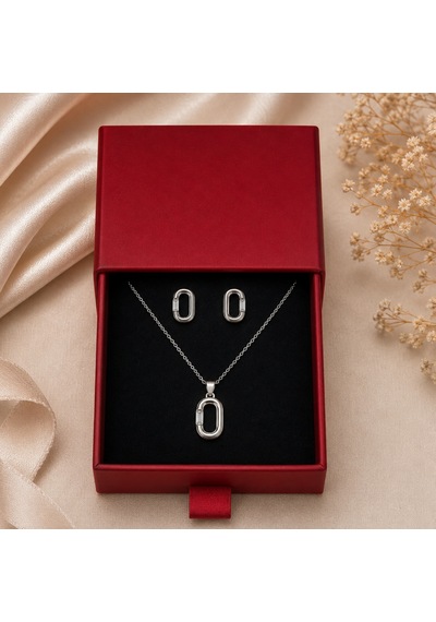 Servi 925 Ayar Gümüş Baget Taşlı Minimal Oval Kolye Ve Küpe Seti-482