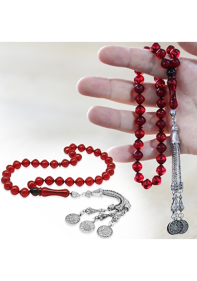 Tesbihname Ateş Kehribar Tesbih - Metal Püsküllü - Özel Hediye Kutulu - İstanbul Kesim - Bayrak Kırmızı Renk