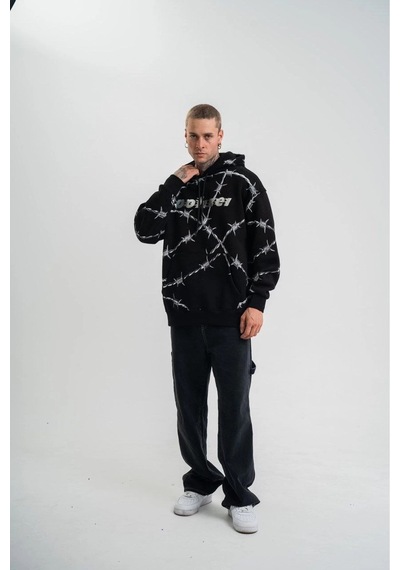 Erkek Kapüşonlu Varak Ve Pano Baskılı Hoodie Sweatshirt- Siyah