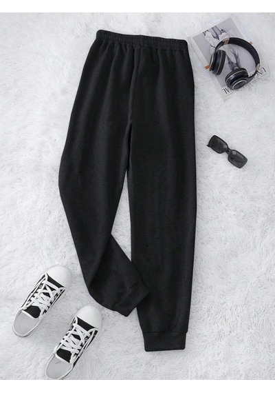 Letter Graphic Drawstring Waist 4 Mevsim Eşofman Siyah
