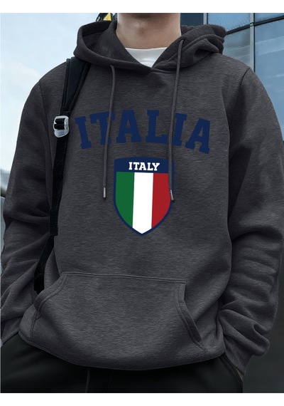 Startmore Startmoreitalya Bayrağı Baskılı Erkek Kapüşonlu Sweatshirtleri Sonbahar Kış Cepli Sweatshirtler Temel Antrasit