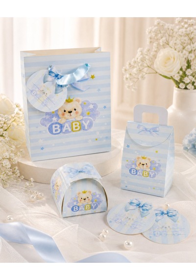 Mavi Ayıcıklı Hoşgeldin Bebeğim Hediyelik Seti, Baby Shower Ve Doğum Günü İkram Seti,7 Ürün-48 Parça 0 - 20 Ay