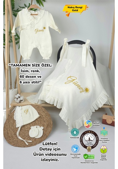 Gros Shop Müslin Yeni Doğan 4katlı Organik %100pamuk Kişiye Özgü Nakışlı Hastane Çıkış Seti Güneş Model-2 Ekru