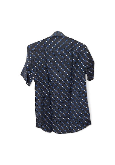 M Slim Fit Kalıp Siyah, Çiçek Desenli Pamuk Kısa Kollu Klasik Erkek Gömlek