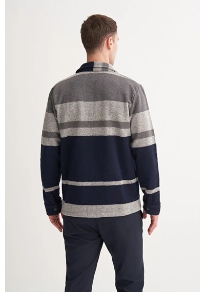 Cazador Hazır Örme Çizgili Vintage Yün Karışımlı Regular Fit Fermuarlı Sweat Hırka Gri