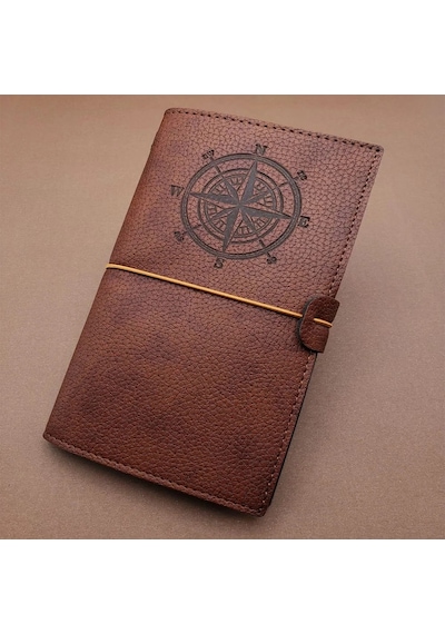Ergonomik Kahverengi Deri Defter 20x12.5 Cm Pusula Temalı Çok Renkli