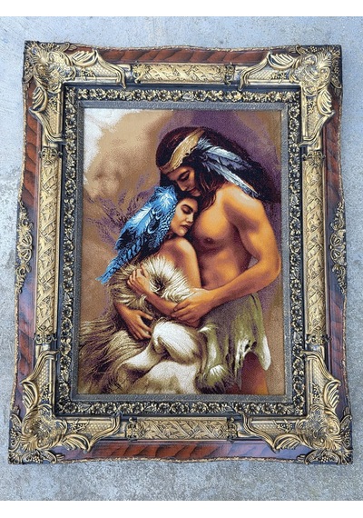 Siyular Kızılderili Aşıklar Adlı İran Tebriz Halı Tablo 95x75cm - Duvar Halı Kilim Tablo Model 2
