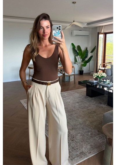 Açelyaokcu Premium Kalderon Wide Leg Dokuma Pantolon Taş
