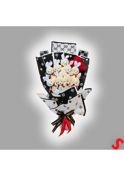 9 Beyaz Pelüş Tavşanlı Led Işıklı Siyah Buket, 65cm x 45cm