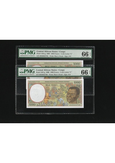 2 Adet Congo Central African States 1000 Francs Frank Seri Takipli P 102cg Pmg 66 Epq Gem Unc Çil