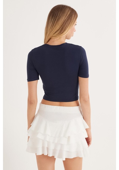 Tudors Kadın Slim Fit Dar Kesim Pamuklu Bisiklet Yaka Lacivert Bluz-33478 Lacivert