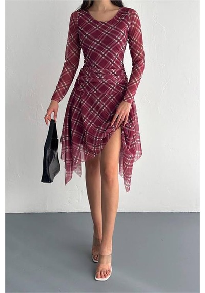 Dipmoda Kadın Mini Boy Desenli Asimetrik Tül Elbise Dpk4162 Bordo