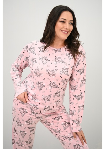 Kadın Büyük Beden Çiçek Desenli Uzun Kollu Pijama Takımı 4235-25 Siyah