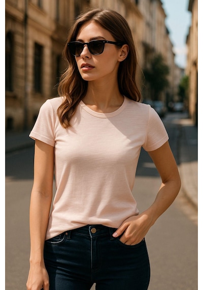 Kadın %100 Organik Pamuklu Relaxed Yıkamalı T-shirt Bisiklet Yaka Kısa Kollu Kadın Basic Tişört Pembe