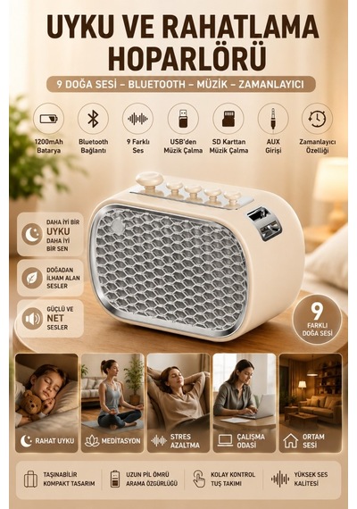 Polham 9 Sesli Uyku Hoparlörü Bluetooth 5.1v, 1200mah Taşınabilir Rahatlama Cihazı Zamanlayıcı, Usb Sd Kart Aux Krem