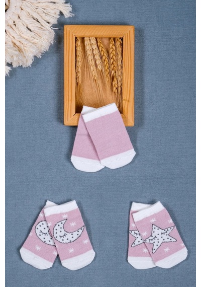 Cocole Socks Kız Bebek Soket Çorabı 3 Lü Set Pamuklu Gül Kurusu Ay & Yıldız Desenli Çok Renkli