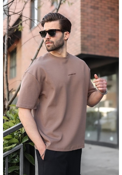 Madmext Kahverengi Bisiklet Yaka Oversize Erkek Tişört E7176