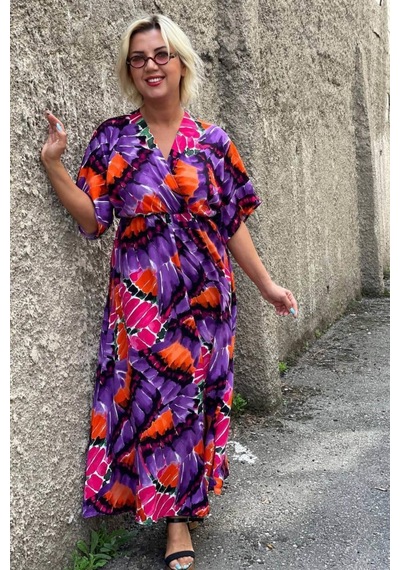 Mia Butik Kadın Mor Mozaik Desen Kruvaze Yaka Elbise-1494 Mor