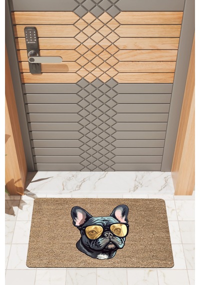 Rugmood Modern Dijtal Baskı Kahverengi Gözlüklü Siyah Köpek Kapı Önü Paspası