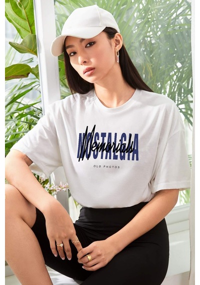 Unisex Nostalgia Baskılı Oversize Tshirt Beyaz