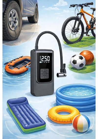 Dijital Ekranlı Şarjlı Araç Hava Kompresörü Ledli Powerbank Lastik Top Yatak Şişirme Pompası 150psi Diğer