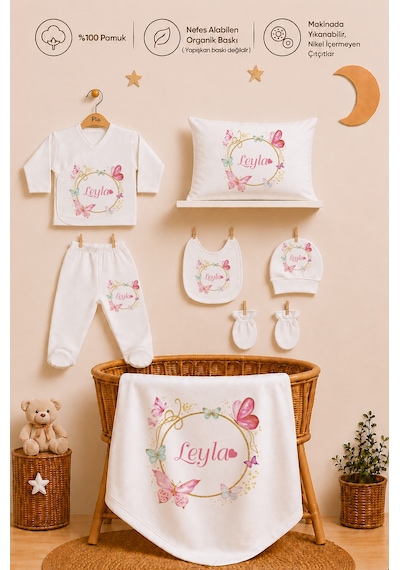 Pia Baby Hastane Çıkışı Kız Bebek 7 Parça Zıbın Seti %100 Pamuk İsme Özel 1077zyb3x Ekru