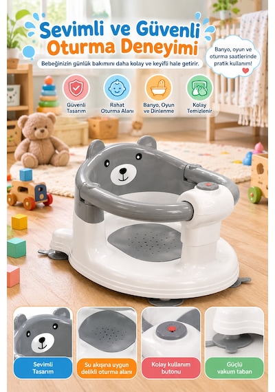 Baby Home Cooki Önden Açılır Banyo Mama Oturağı Güvenli Kullanım Ve Rahat Oturma Alanı Gri