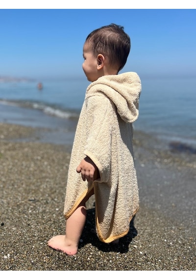 Organik %100 Pamuk Kapşonlu Plaj Çocuk Bebek Panço Bornoz Banyo Havlu Kapüşonlu 0 - 24 Ay