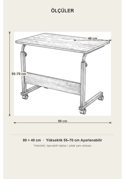 Piko Tekerlekli Laptop Sehpası Ahşap Desenli, Yükseklik Ayarlı Yan Çalışma Sehpası Çok Renkli