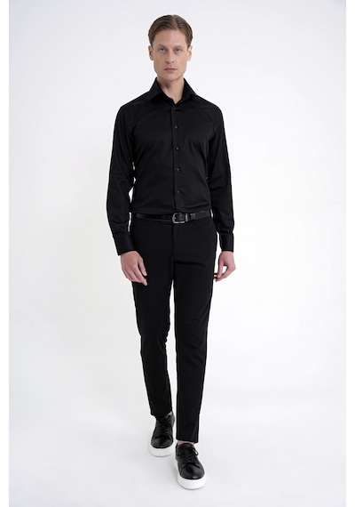 Slim Fit İtalyan Yaka %100 Pamuk Saten Düz Siyah Gömlek Gk 759