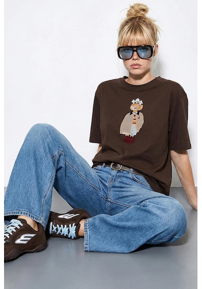 Shade Kadın Köpek Nakışlı Taş İşlemeli Relaxed Fit Pamuk T-shirt 1077 60286067 - Acı Kahve Acı Kahverengi L