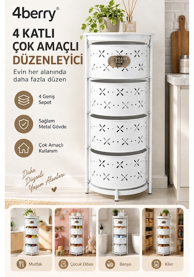 4 Katlı Metal Çok Amaçlı Düzenleyici Sepet Mutfak Sebzelik, Oyuncak, Banyo Ve Ev Organizeri Beyaz
