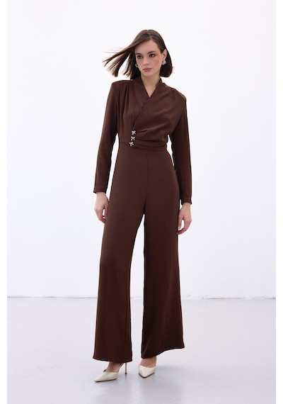Sateen Fiyonk Aksesuarlı Krep Tulum - Kahve-136701 Kahve