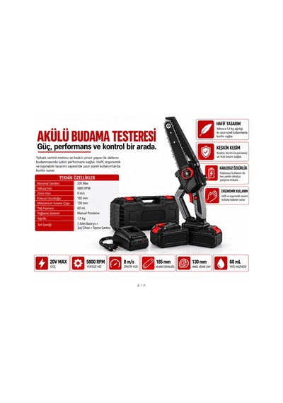 Algaride Eyp 20v Max Akülü Budama Testeresi Çift Bataryalı 185 Mm Kılavuzlu Zincirli Dal Kesme Testeresi