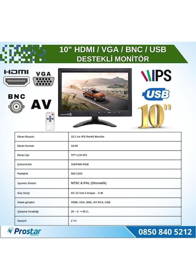 10.1 İnç Büyük Ekranlı Hdmi Vga Bnc Av Usb Girişli Monitör