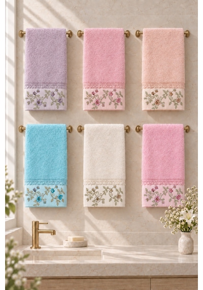 Bahar Dalı Çiçek Nakışlı El Yüz Havlusu 50x90 Cm 6 Lı Set %100 Pamuk - Çok Renkli