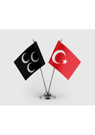 Siyah Üç Hilal Ve Türk Bayrağı İkili Saten Masa Bayrağı Takımı Diğer