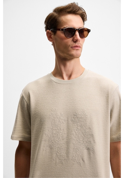 Grımelange NELIDO Erkek Nakış Detaylı %100 Organik Pamuk Bisiklet Yaka Kısa Kollu Regular Fit Taş Rengi T-Shirt