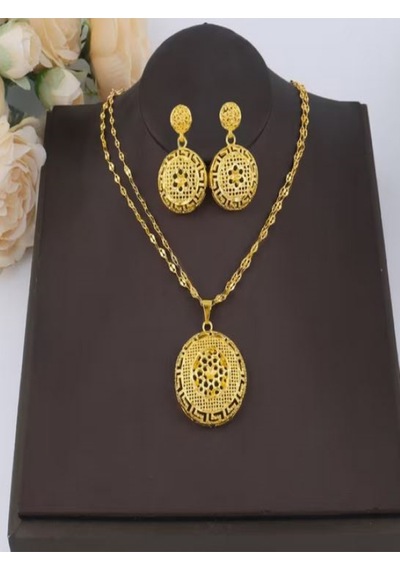 24k Altın Kaplama Etnik Kolye Ve Küpe Takı Seti Altın