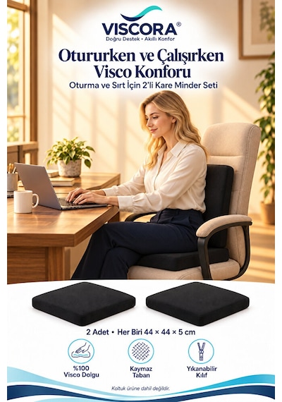 Visco Oturma Minderi Ve Sırt Destek Seti 2 Li Ofis Koltuğu Ve Sandalye Minderi 44 44 5 Cm Siyah